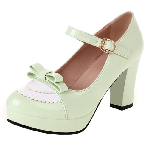HSyc JRX Damen Blockabsatz High Heels Plateau Pumps mit Schleife Lack Mary Jane Schuhe 42.5 von HSyc JRX