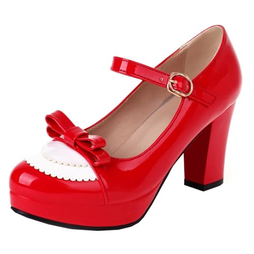 HSyc JRX Damen Blockabsatz High Heels Plateau Pumps mit Schleife Lack Mary Jane Schuhe 42.5 von HSyc JRX