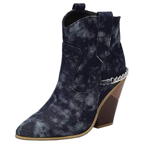 HSyc JRX Damen Blockabsatz Stiefeletten mit Kette High Heels 10cm Absatz Cowboy Stiefel 44 von HSyc JRX