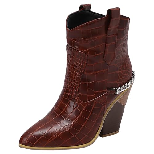 HSyc JRX Damen Blockabsatz Stiefeletten mit Kette High Heels 10cm Absatz Cowboy Stiefel 44 von HSyc JRX