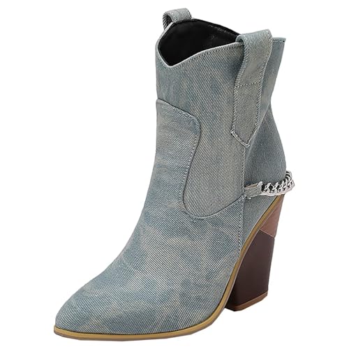 HSyc JRX Damen Blockabsatz Stiefeletten mit Kette High Heels 10cm Absatz Cowboy Stiefel 45 von HSyc JRX