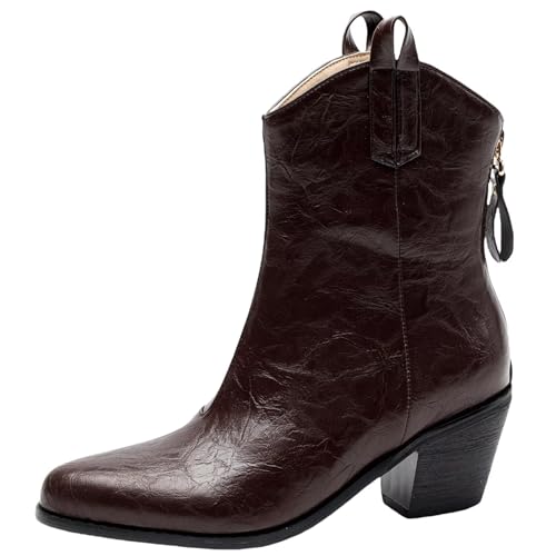 HSyc JRX Damen Cowboy Stiefel mit Reißverschluss Hinten Blockabsatz Stiefeletten Ankle Boots 38.5 von HSyc JRX