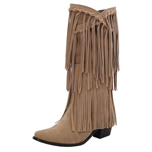 HSyc JRX Damen Cowboystiefel mit Fransen Blockabsatz High Heels Westernstiefel Halbschaft Stiefel 36.5 von HSyc JRX