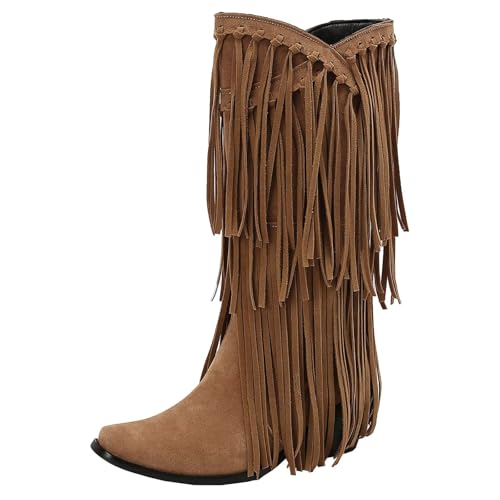 HSyc JRX Damen Cowboystiefel mit Fransen Blockabsatz High Heels Westernstiefel Halbschaft Stiefel 38.5 von HSyc JRX