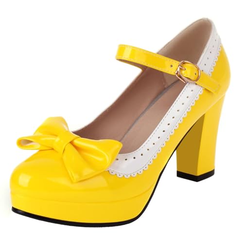 HSyc JRX Damen Damen Plateau High Heels Pumps mit Schleife und Blockabsatz Mary Jane Schuhe 38.5 von HSyc JRX