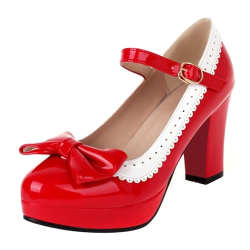 HSyc JRX Damen Damen Plateau High Heels Pumps mit Schleife und Blockabsatz Mary Jane Schuhe 38.5 von HSyc JRX