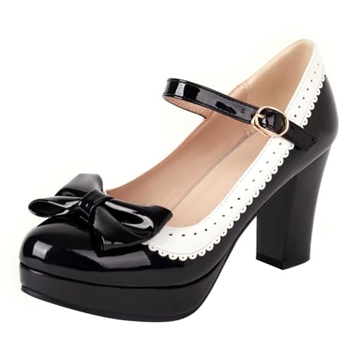 HSyc JRX Damen Damen Plateau High Heels Pumps mit Schleife und Blockabsatz Mary Jane Schuhe 41 von HSyc JRX