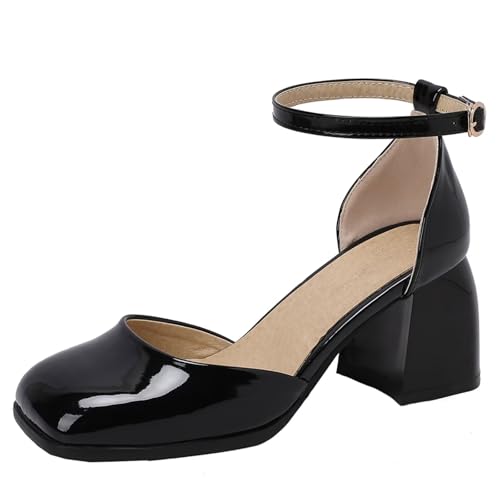 HSyc JRX Damen Damen Riemchen Pumps mit 7cm Blockabsatz High Heels Lack Schuhe 38 von HSyc JRX