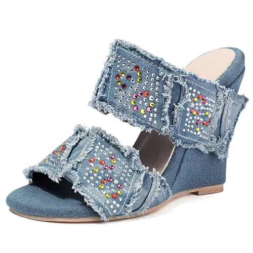 HSyc JRX Damen Denim Sandalen Pantoletten mit Keilabsatz und Strass High Heels Bequem Sommer Slippers Hellblau 35 von HSyc JRX