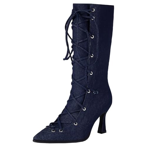 HSyc JRX Damen Denim Stiefeletten mit Schnürung und 8cm Absatz Stiletto High Heels Halbstiefel 36.5 von HSyc JRX