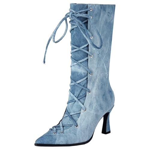 HSyc JRX Damen Denim Stiefeletten mit Schnürung und 8cm Absatz Stiletto High Heels Halbstiefel 45 von HSyc JRX