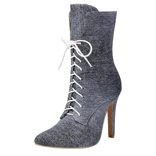 HSyc JRX Damen Denim Stiefeletten mit Schnürung und Stiletto Absatz High Heels Schnüstiefeletten 37 von HSyc JRX