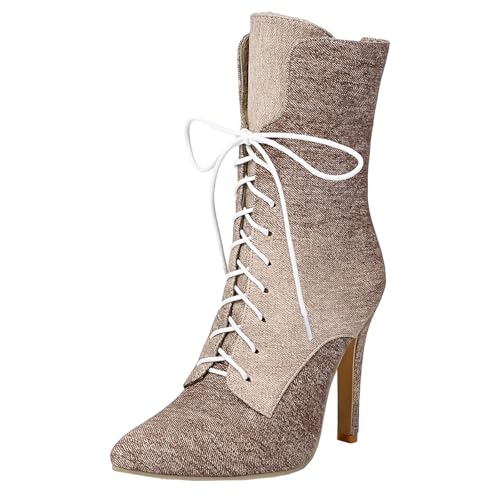 HSyc JRX Damen Denim Stiefeletten mit Schnürung und Stiletto Absatz High Heels Schnüstiefeletten 39.5 von HSyc JRX