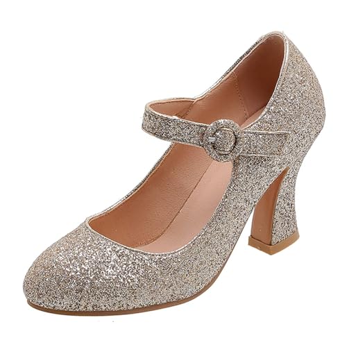HSyc JRX Damen Glitzer Pumps mit Blockabsatz und Schnalle High Heels Mary Jane Schuhe Gold 37 HSyc JRX Damen Glitzer Pumps mit Blockabsatz und Schnalle High Heels Mary Jane Schuhe Gold 37 von HSyc JRX