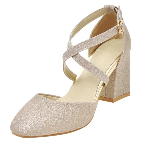 HSyc JRX Damen Glitzer Pumps mit Knöchelriemen und 7cm Blockabsatz High Heels Riemchen Schuhe Gold 41 von HSyc JRX