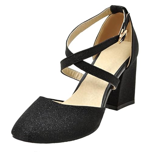 HSyc JRX Damen Glitzer Pumps mit Knöchelriemen und 7cm Blockabsatz High Heels Riemchen Schuhe Schwarz 38.5 von HSyc JRX