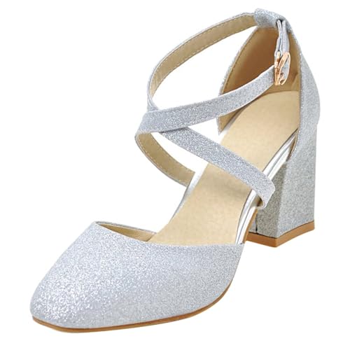 HSyc JRX Damen Glitzer Pumps mit Knöchelriemen und 7cm Blockabsatz High Heels Riemchen Schuhe Silber 33.5 von HSyc JRX