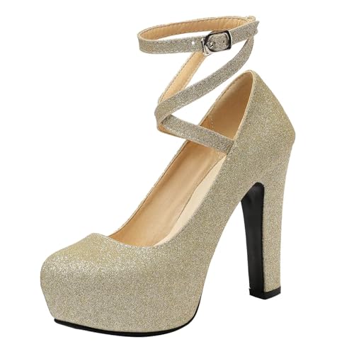 HSyc JRX Damen Glitzer Pumps mit Knöchelriemen und Plateau Blockabsatz High Heels Abend Schuhe Gold 45 von HSyc JRX