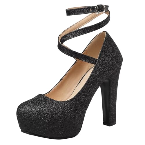HSyc JRX Damen Glitzer Pumps mit Knöchelriemen und Plateau Blockabsatz High Heels Abend Schuhe Schwarz 38 von HSyc JRX