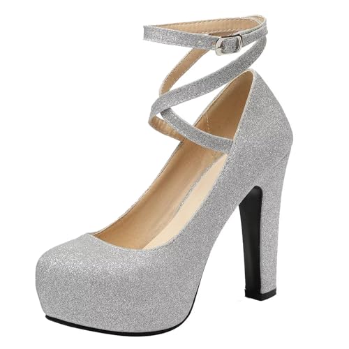 HSyc JRX Damen Glitzer Pumps mit Knöchelriemen und Plateau Blockabsatz High Heels Abend Schuhe Silber 45 von HSyc JRX