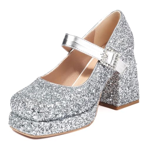 HSyc JRX Damen Glitzer Pumps mit Plateau Blockabsatz High Heels Mary Jane Hochzeit Schuhe 38 von HSyc JRX