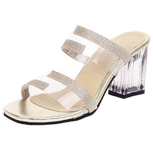HSyc JRX Damen Glitzer Sandalen Pantoletten mit 7cm Transparent Absatz Blockabsatz High Heels Sommer Slipper Gold 35 HSyc JRX Damen Glitzer Sandalen Pantoletten mit 7cm Transparent Absatz Blockabsatz High Heels Sommer Slipper Gold 35 von HSyc JRX
