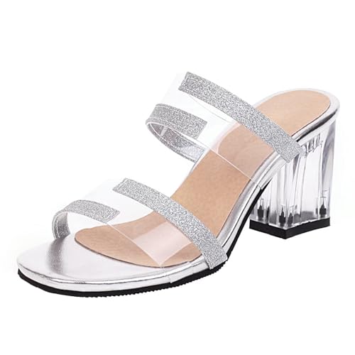 HSyc JRX Damen Glitzer Sandalen Pantoletten mit 7cm Transparent Absatz Blockabsatz High Heels Sommer Slipper Silber 42.5 HSyc JRX Damen Glitzer Sandalen Pantoletten mit 7cm Transparent Absatz Blockabsatz High Heels Sommer Slipper Silber 42.5 von HSyc JRX