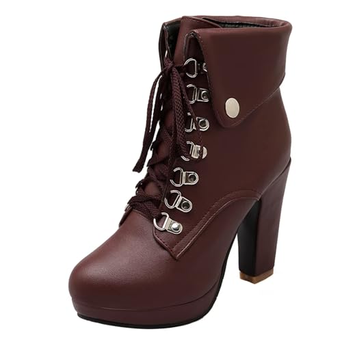 HSyc JRX Damen High Heels Blockabsatz Stiefeletten mit Schnürung und Plateau Stiefel Schuhe 38.5 von HSyc JRX
