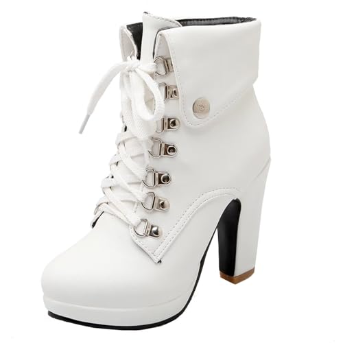HSyc JRX Damen High Heels Blockabsatz Stiefeletten mit Schnürung und Plateau Stiefel Schuhe 38.5 von HSyc JRX