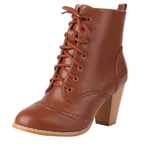HSyc JRX Damen High Heels Stiefeletten mit Schnürung Winterstiefel Blockabsatz Schnüstiefeletten 40 von HSyc JRX