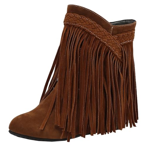 HSyc JRX Damen Keilabsatz Stiefeletten mit Fransen Ankle Boots Winterstiefel 36 von HSyc JRX