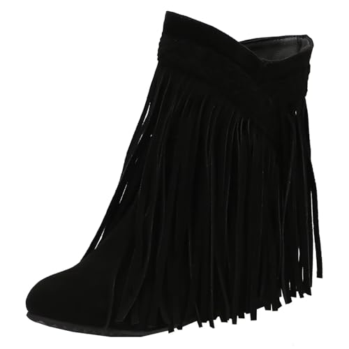 HSyc JRX Damen Keilabsatz Stiefeletten mit Fransen Ankle Boots Winterstiefel 40 von HSyc JRX
