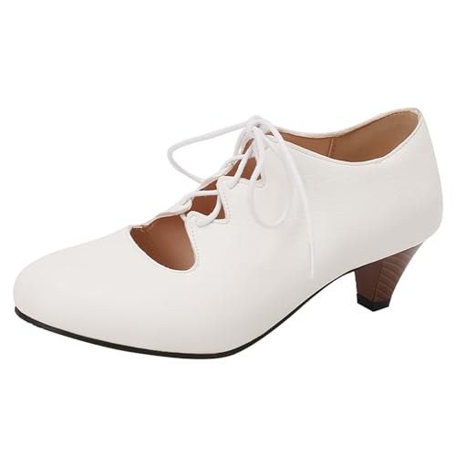HSyc JRX Damen Kleiner Absatz Pumps mit Schnürung mit 5cm Absatz Kitten Heel Schuhe Weiß 40 von HSyc JRX