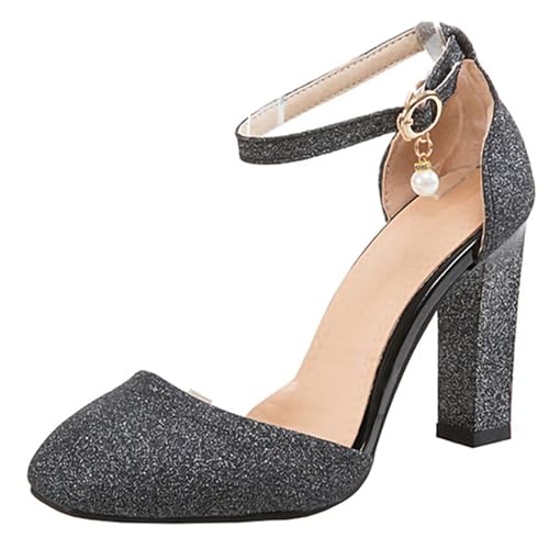 HSyc JRX Damen Knöchelriemeng Glitzer Pumps mit Blockabsatz High Heels Riemchen Schuhe 36 von HSyc JRX