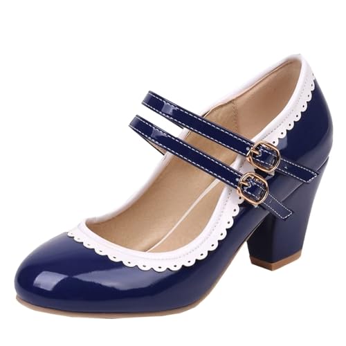 HSyc JRX Damen Lack Mary Jane Blockabsatz High Heels Pumps mit Spitze Elegant Schuhe 38 von HSyc JRX