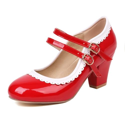 HSyc JRX Damen Lack Mary Jane Blockabsatz High Heels Pumps mit Spitze Elegant Schuhe 39.5 von HSyc JRX