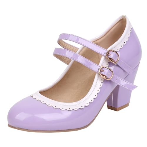 HSyc JRX Damen Lack Mary Jane Blockabsatz High Heels Pumps mit Spitze Elegant Schuhe 41 von HSyc JRX