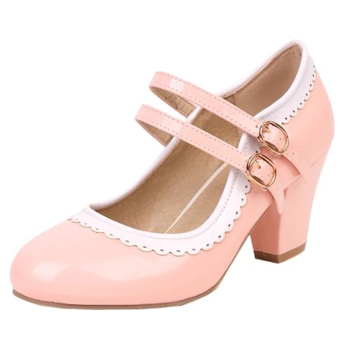 HSyc JRX Damen Lack Mary Jane Blockabsatz High Heels Pumps mit Spitze Elegant Schuhe 42.5 von HSyc JRX
