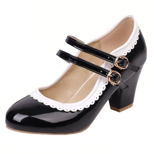 HSyc JRX Damen Lack Mary Jane Blockabsatz High Heels Pumps mit Spitze Elegant Schuhe 43 von HSyc JRX