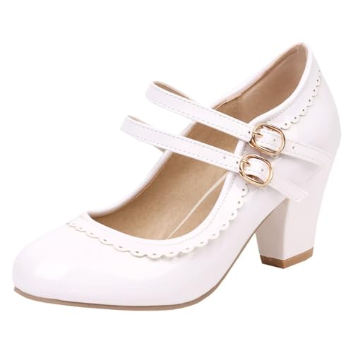 HSyc JRX Damen Lack Mary Jane Blockabsatz High Heels Pumps mit Spitze Elegant Schuhe 44 von HSyc JRX
