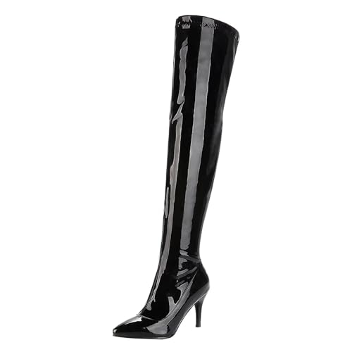 HSyc JRX Damen Lack Overknee Stiefel mit Stiletto Absatz und Reißverschluss High Heels Lang Stiefel 45 von HSyc JRX