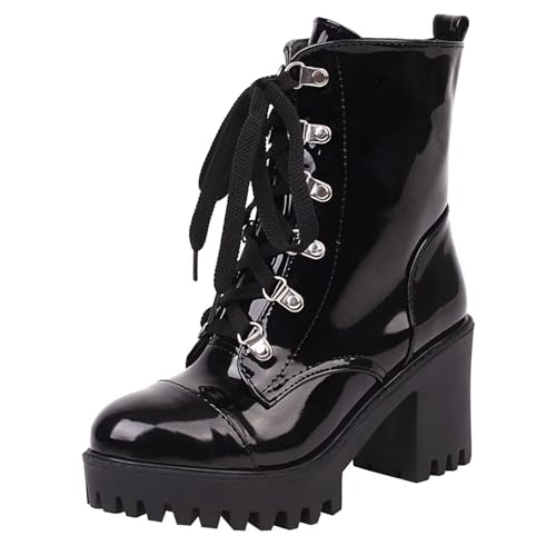 HSyc JRX Damen Lack Plateau Stiefeletten mit Schnürung Blockabsatz Schnüstiefeletten Winter Stiefel 39.5 von HSyc JRX