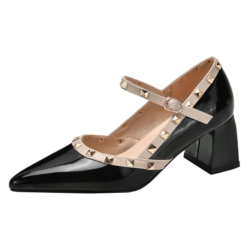HSyc JRX Damen Lack Pumps mit Nieten Blockabsatz High Heels Mary Jane Schuhe 36.5 von HSyc JRX