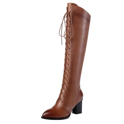 HSyc JRX Damen Leder Blockabsatz Kniehohe Stiefel mit Schnürung Langschaft Schnüstiefel 38 von HSyc JRX