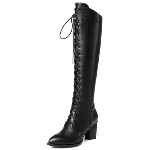 HSyc JRX Damen Leder Blockabsatz Kniehohe Stiefel mit Schnürung Langschaft Schnüstiefel 38 von HSyc JRX
