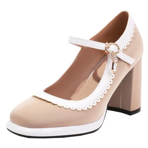 HSyc JRX Damen Mary Jane Blockabsatz Pumps mit Plateau und Strass Riemchen Absatzschuhe 36.5 von HSyc JRX