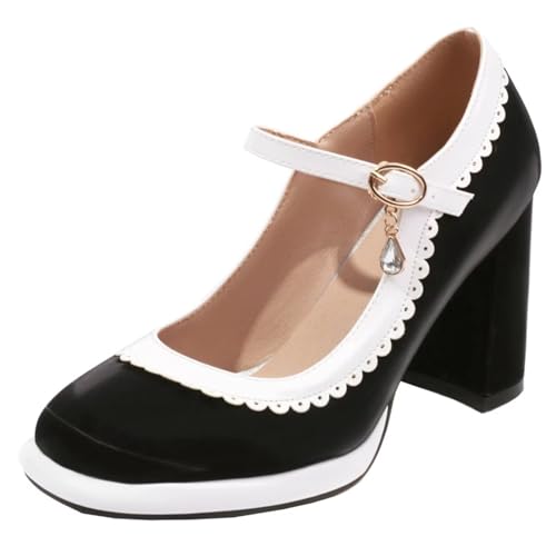 HSyc JRX Damen Mary Jane Blockabsatz Pumps mit Plateau und Strass Riemchen Absatzschuhe 36.5 von HSyc JRX