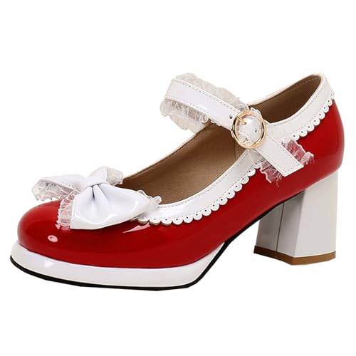 HSyc JRX Damen Mary Jane Blockabsatz Pumps mit Schleife und Spitze Rockabilly Schuhe 37 von HSyc JRX
