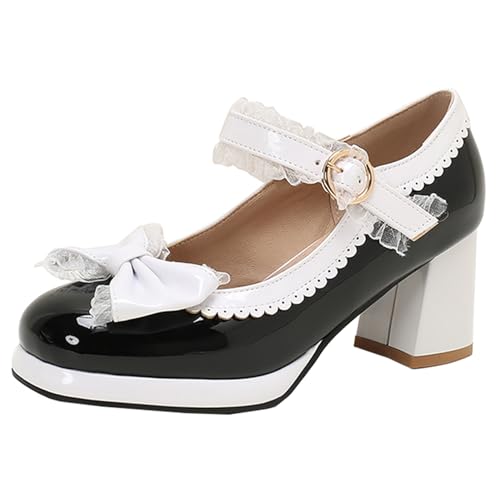HSyc JRX Damen Mary Jane Blockabsatz Pumps mit Schleife und Spitze Rockabilly Schuhe 41 von HSyc JRX