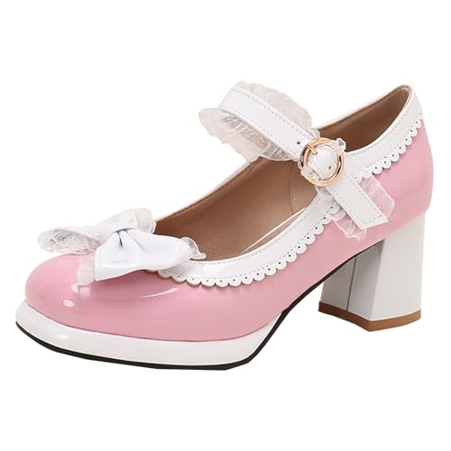 HSyc JRX Damen Mary Jane Blockabsatz Pumps mit Schleife und Spitze Rockabilly Schuhe 42.5 von HSyc JRX
